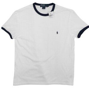 NEW Vintage Polo Ralph Lauren Polo Player T Shirt!  White  Navy Trim  Slim Fit